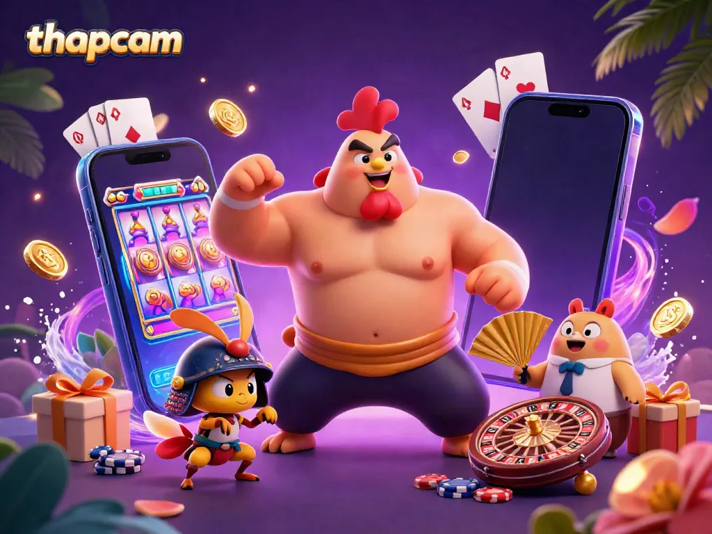 Experience exciting games on thapcam as a cartoon sumo wrestler rooster engages with vibrant casino elements.