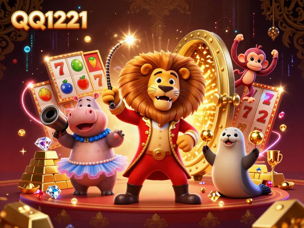 Experience QQ1221 as colorful slot symbols and jewels burst from an energetic casino scene.