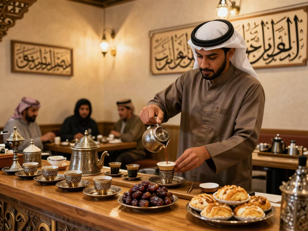 قھوجیین وصبابین الریاض في مقهى تقليدي حيث يقوم الباريستا بتحضير القهوة العربية.