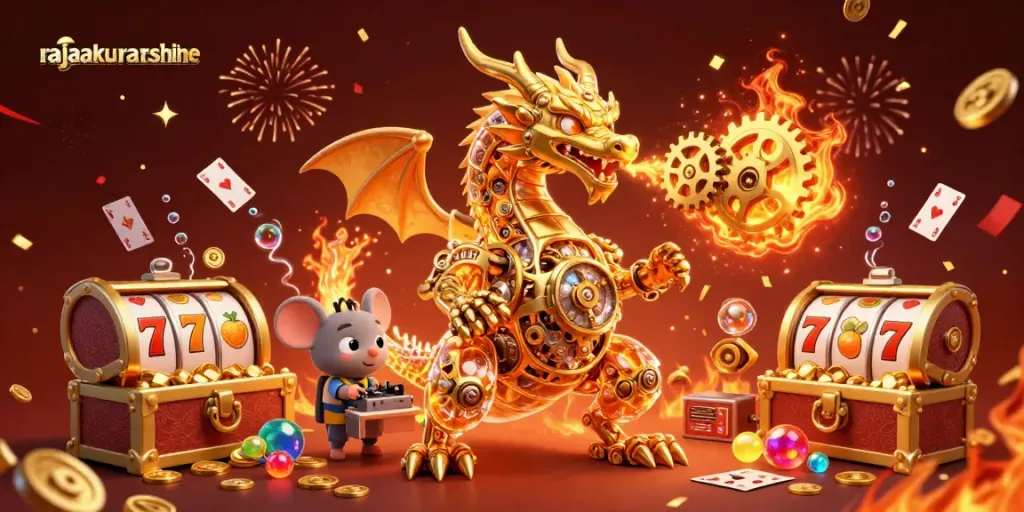 Engaging casino illustration showcasing rajaakuratshine with a golden dragon, treasure, and slot elements.