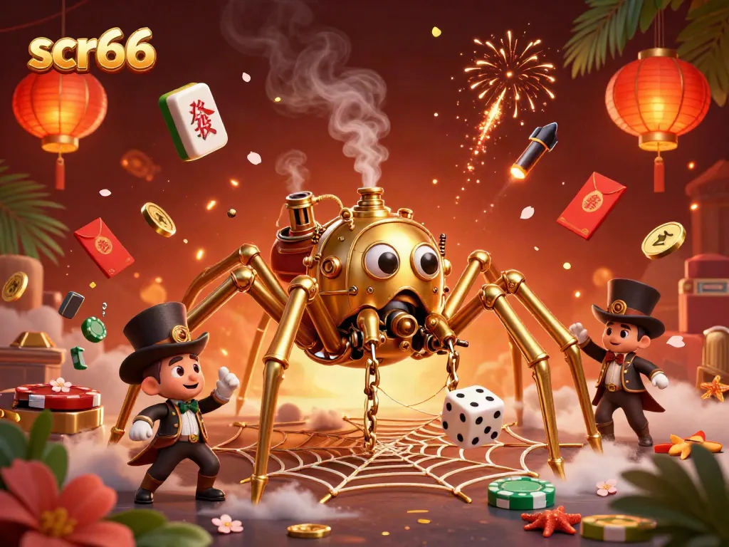 Experience thrilling gameplay at scr66, featuring a lively scene of a steampunk spider and playful dice.