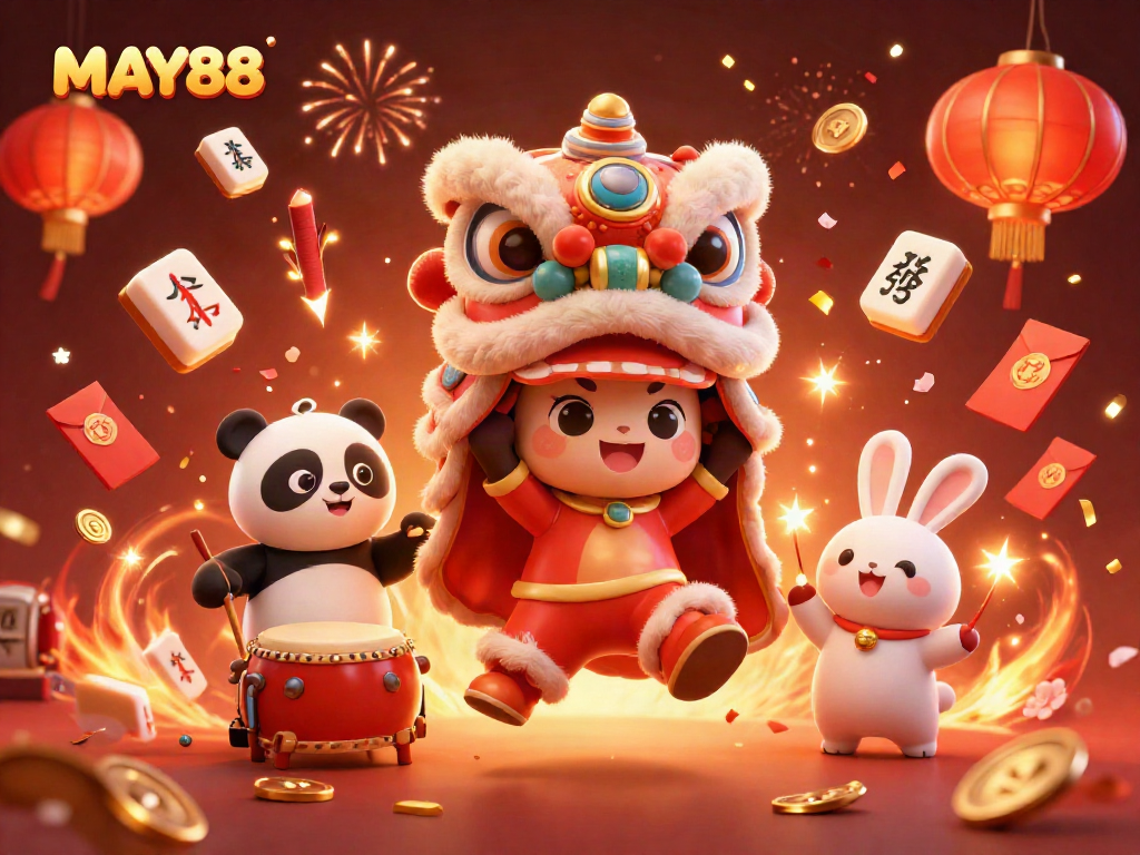 MAY88 hosts a rich casino celebration with vibrant characters and engaging game elements.