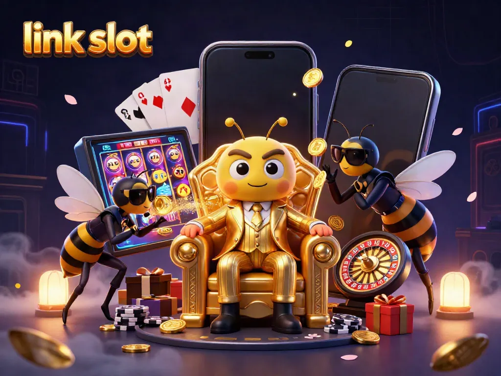 Experience thrilling moments with link slot in this vibrant 3D casino illustration featuring buzzing characters and dynamic game elements.