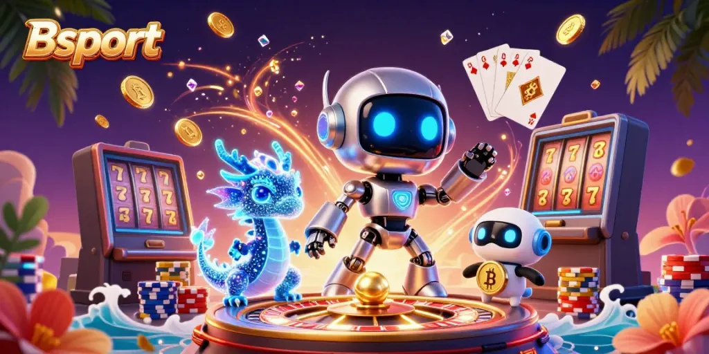 Engage with Bsport's thrilling casino atmosphere, featuring a lively 3D cyberpunk robot, AI dragon, and bitcoin drone.