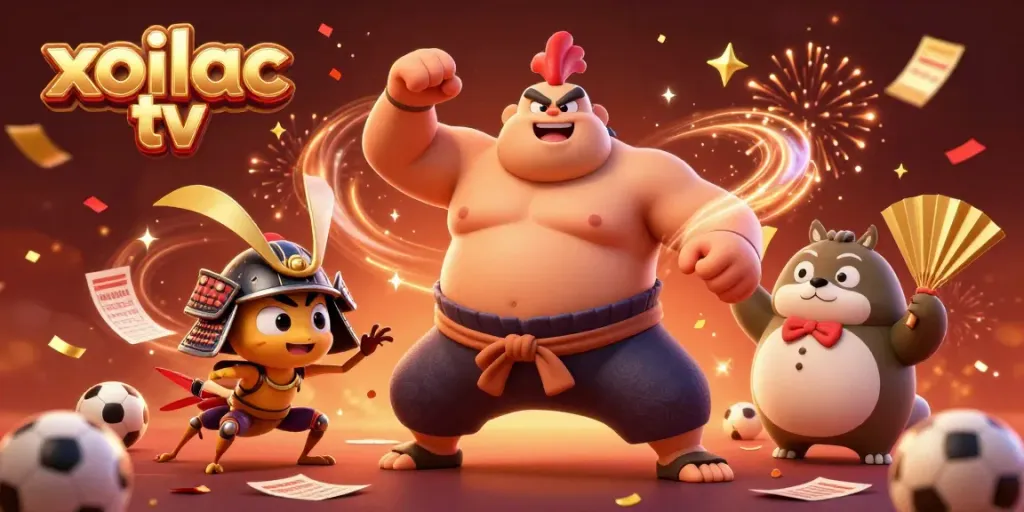 Xoilac TV highlights thrilling sports betting with animated characters and celebratory visuals.