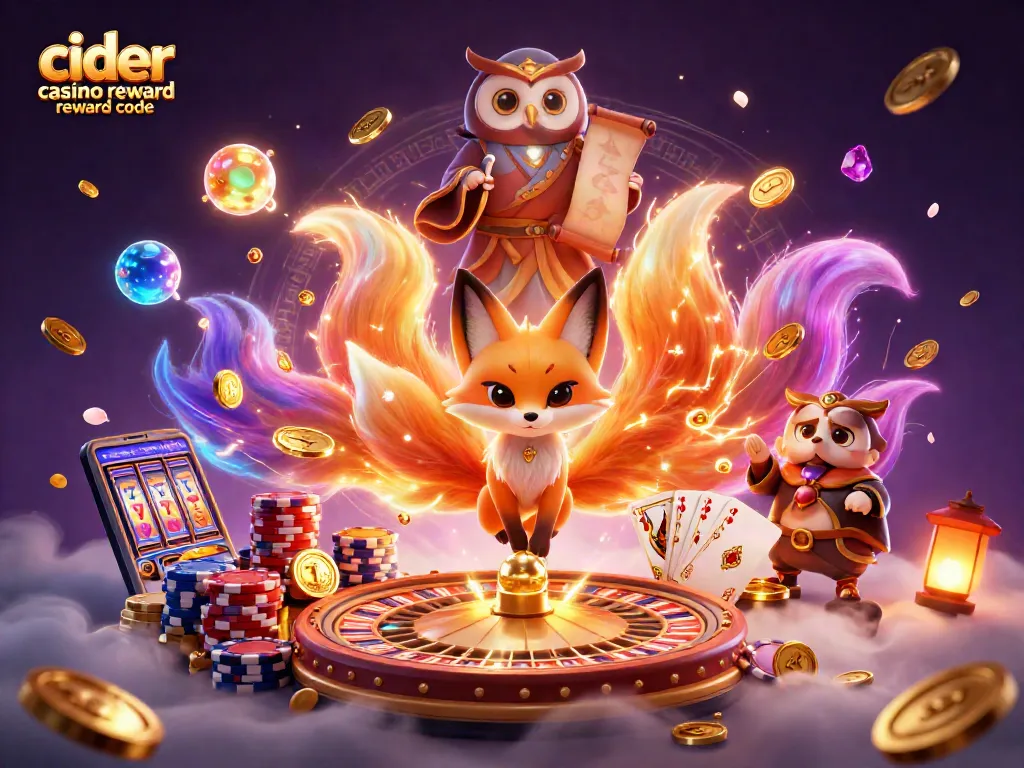 Cascade of bonuses and rewards with cider casino reward code for winning free coins in a vibrant casino illustration.