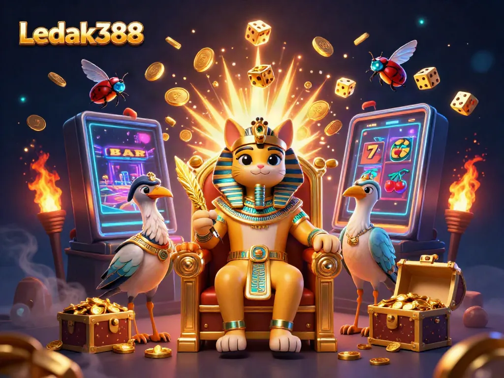 Experience thrilling jackpots at Ledak388 with vibrant slot machines and animated casino elements.