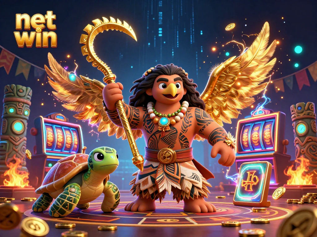 Experience net win excitement with a vibrant casino scene featuring a demigod hawk and a turtle.