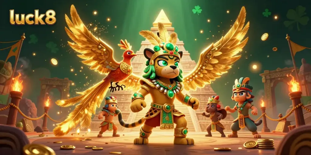 Engage with luck8 in a vibrant 3D gaming scene featuring a Mayan priest and a quetzal bird.