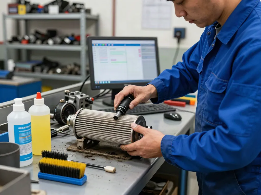 Mechaniker reinigt den DPF in einer Werkstatt mit klaren Werkzeugen und industrieller Atmosphäre.