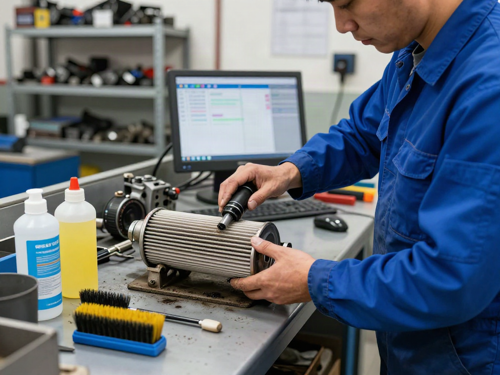 Mechaniker reinigt den DPF in einer Werkstatt mit klaren Werkzeugen und industrieller Atmosphäre.