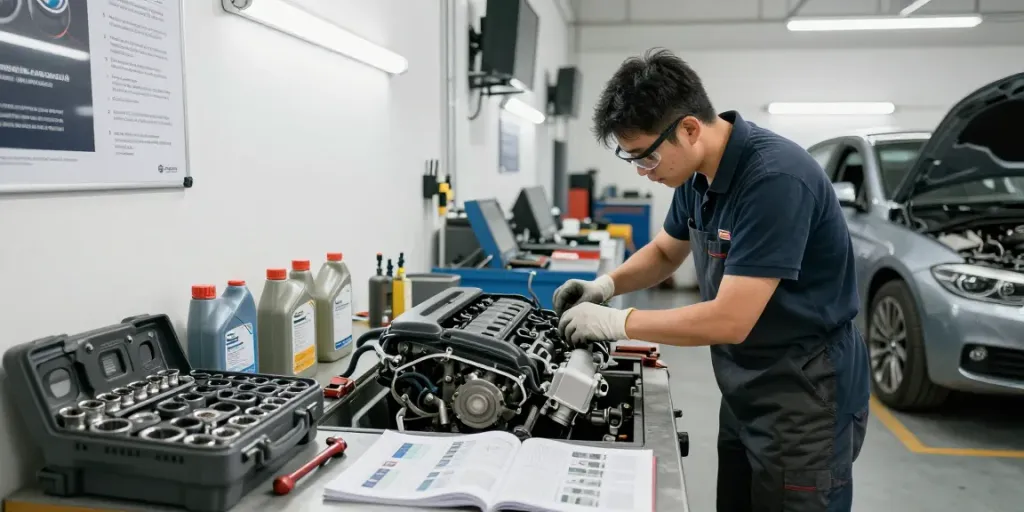 Professioneller Mechaniker überprüft die BMW Steuerkette in Hannover