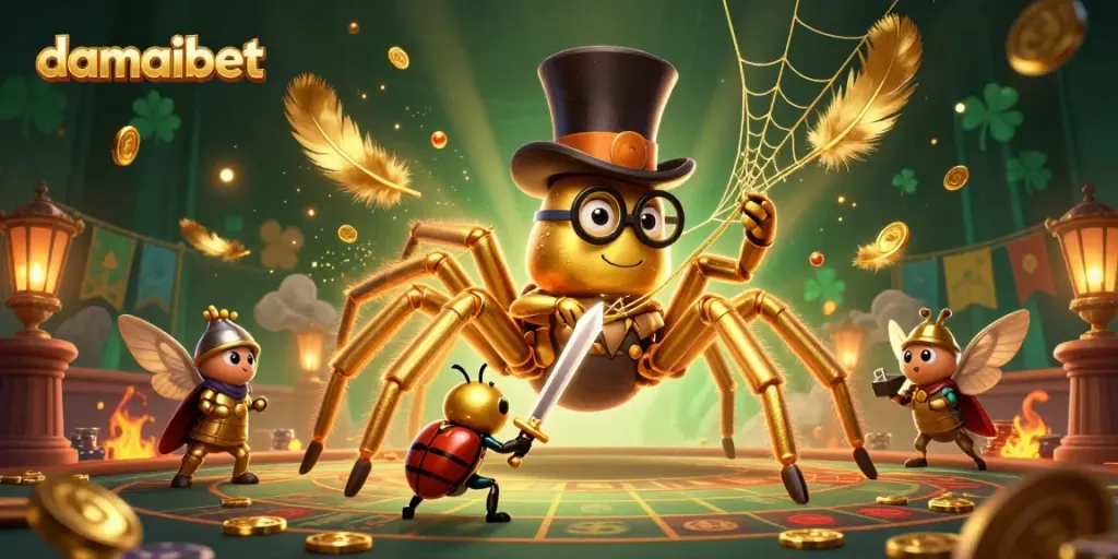 Experience damaibet's exciting casino world with a golden tarantula and brave beetle knight in vibrant action.