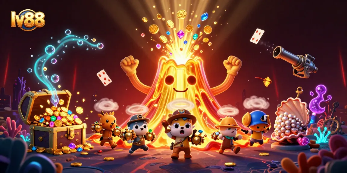 lv88 players enjoy treasures from the erupting golden volcano in a vibrant casino-themed scene