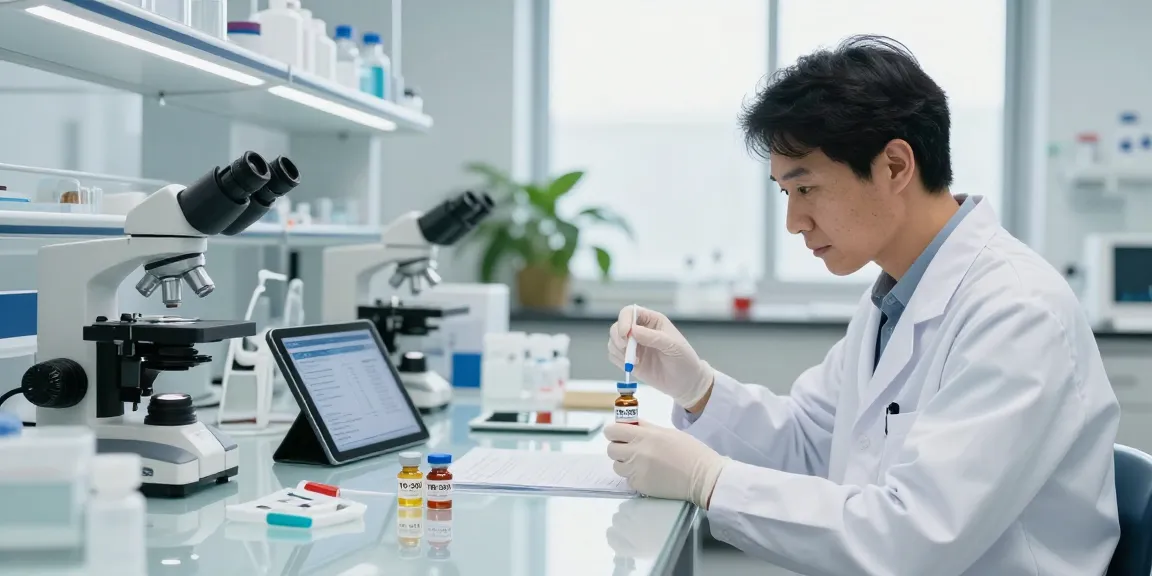 Buy TB-500 peptide in a professional lab setup with researcher examining vial.