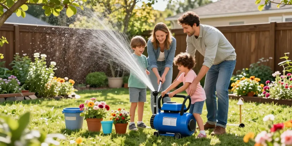 Instalación de Bombas de Agua Venezuela en un jardín familiar, mostrando herramientas y niños en acción.