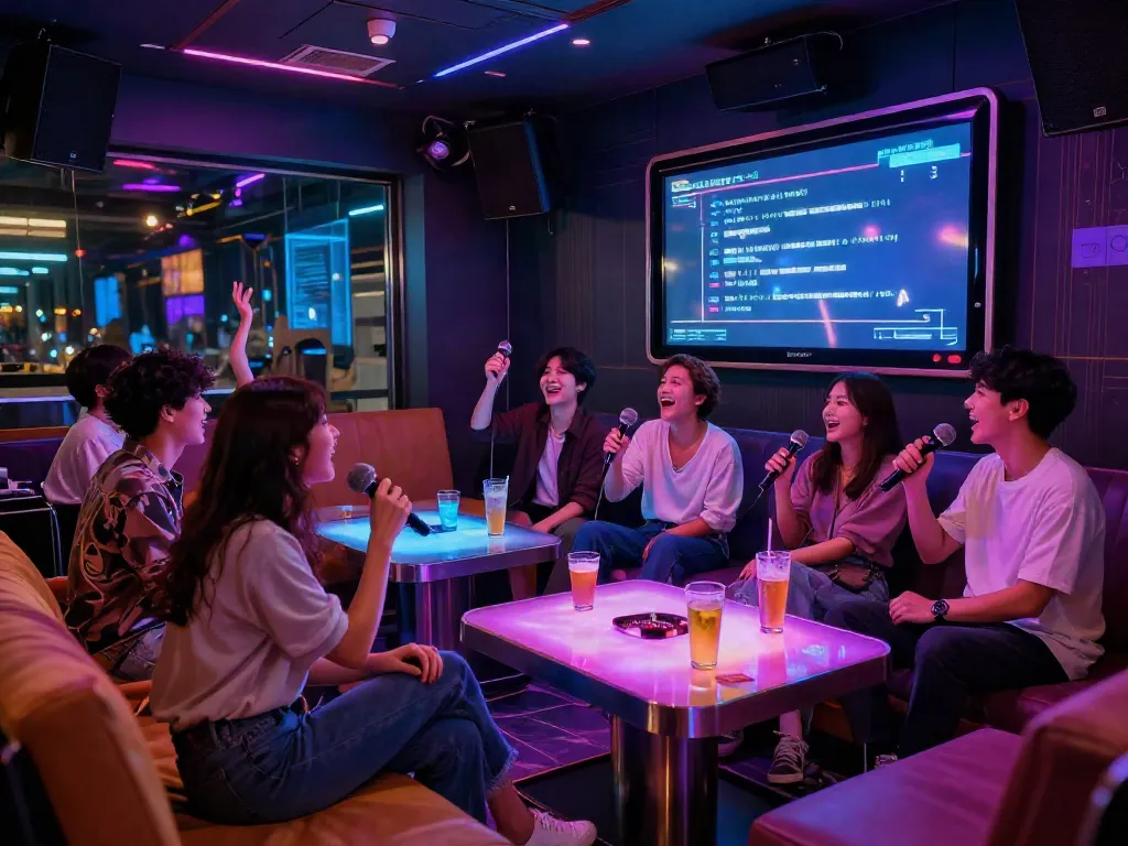 강남의 달토 가라오케에서 친구들과 함께 노래 부르는 모습