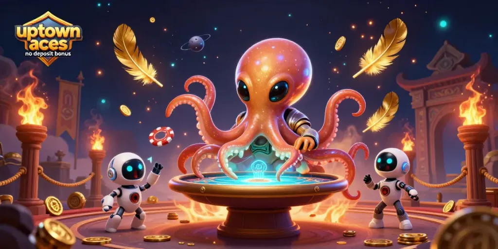 Experience the excitement of gambling with uptown aces no deposit bonus at a stunning alien poker scene featuring a playful octopus.