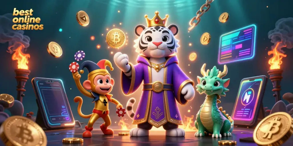 Experience the best online casinos with a vibrant 3D scene featuring a white tiger in royal robes, juggling poker chips.