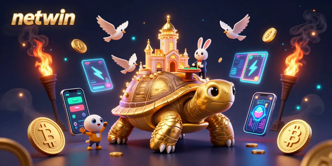 Experience the excitement of netwin with a golden tortoise casino scene and vibrant crypto elements.