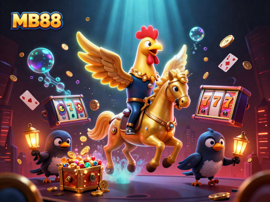Join the MB88 winning streak with this vibrant casino scene featuring a golden rooster and treasures.