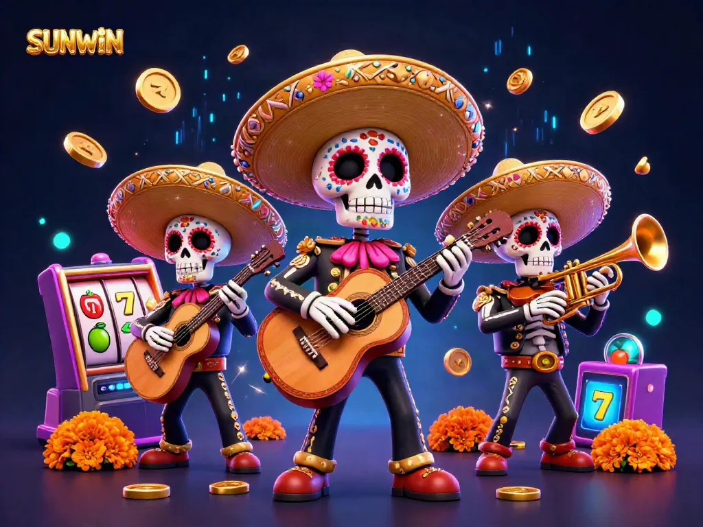 SUNWIN brings thrilling gaming experiences with vibrant Day of the Dead mariachi skeletons in a dynamic casino scene.