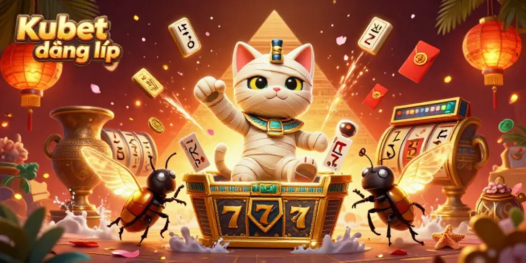 Experience the excitement of Kubet đăng nhập with a vibrant 3D scene featuring a mummy cat, scarab beetle, and dynamic casino elements.