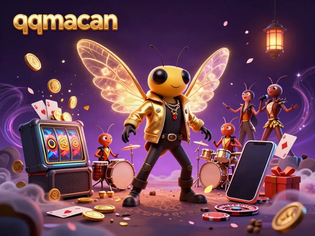 Experience the thrill of qqmacan with a vibrant scene featuring a rockstar cicada and a lively casino atmosphere.