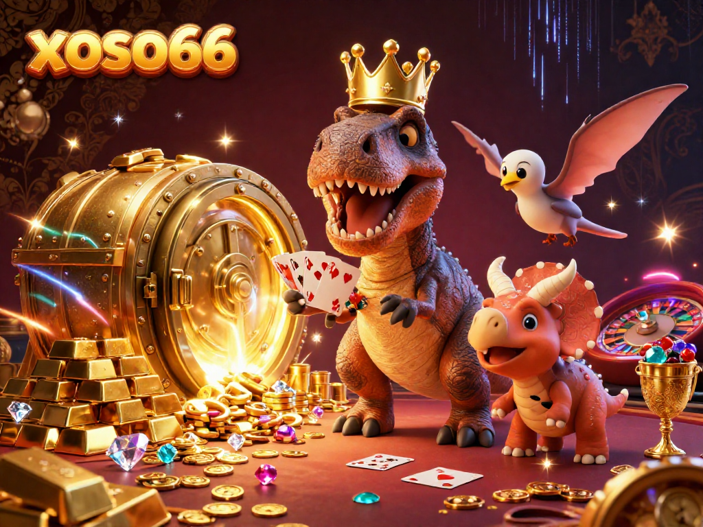 xoso66 lets players enjoy a vibrant casino scene with T-Rex shuffling cards and treasures bursting everywhere.