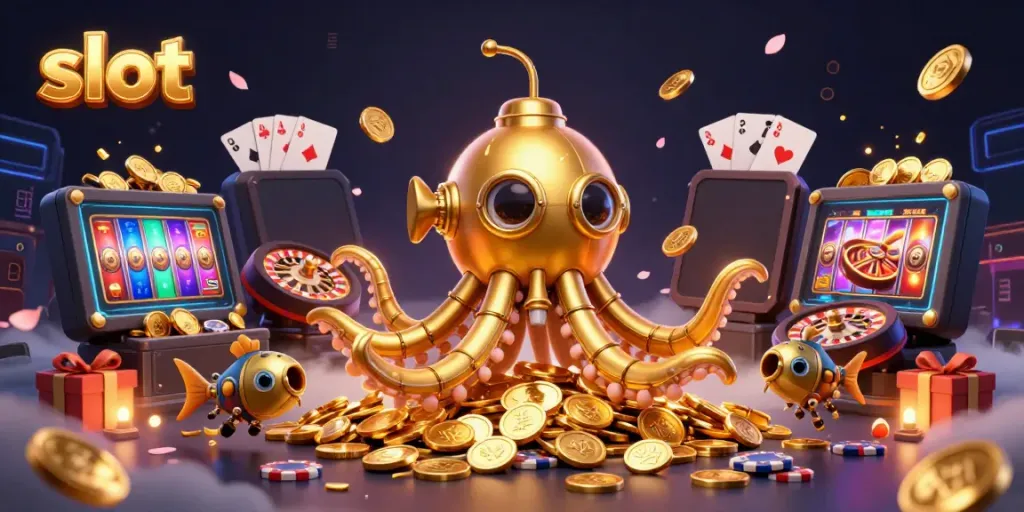 Slot yang menarik di RAYA22 dengan karakter kartun 3D kraken dan permainan slot berwarna.