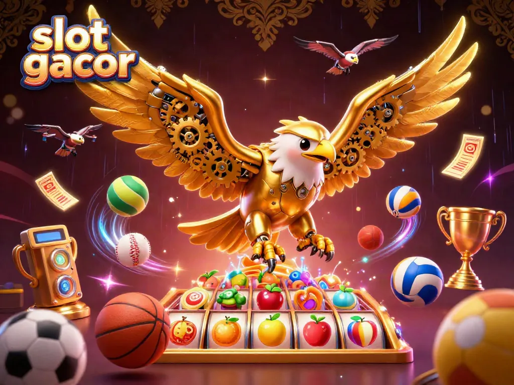 Experience thrilling slot gacor action with our vibrant 3D illustration featuring a golden eagle and dynamic gaming elements.