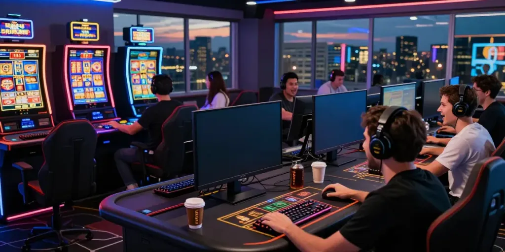 A dynamic gaming scene showcasing players engaging with qqmacan login on high-tech setups in an exciting digital environment.