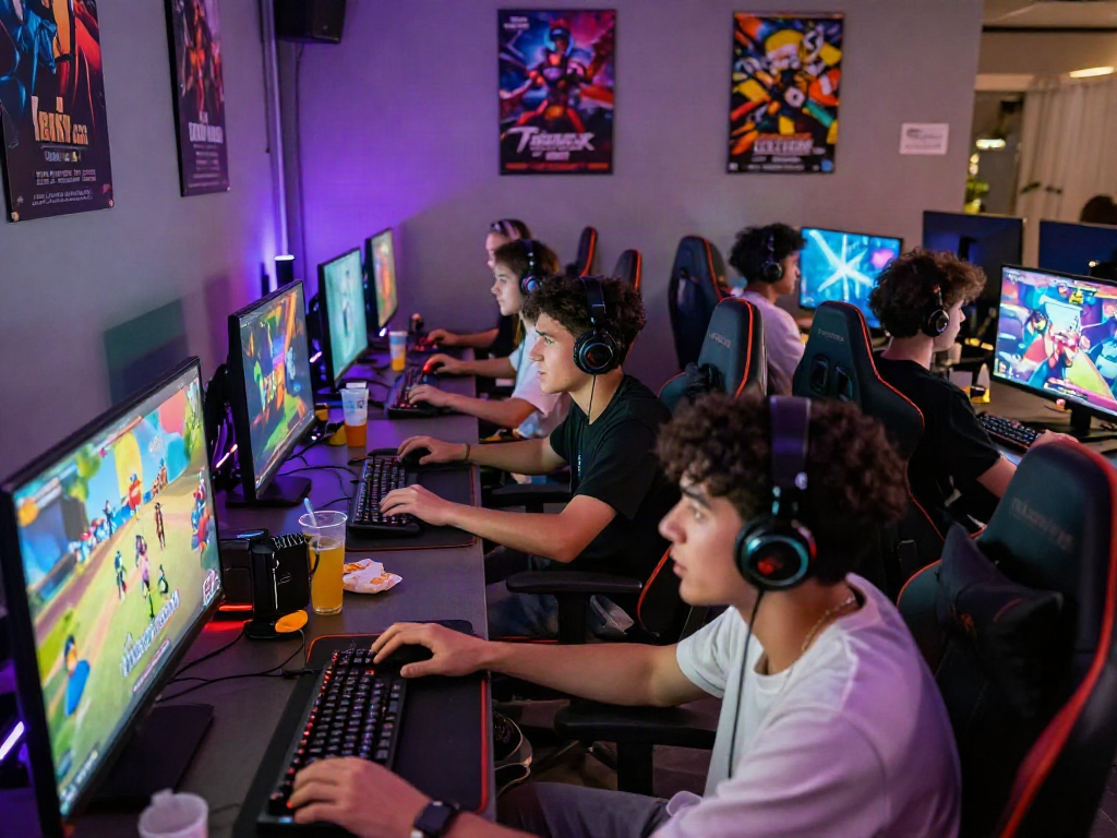 Young adults enjoying various porngames in an energetic gaming lounge, with vibrant lights and snacks.