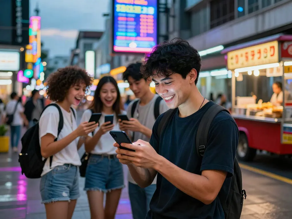 Excited group checking togel online results in vibrant city street.