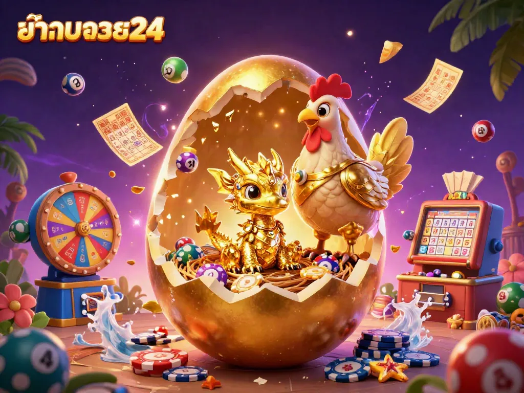 ภาพการ์ตูน 3 มิติของ แทงหวย24 ที่แสดงถึงมังกรทอง นั่งบนดอกไม้และลูกบอลหวย