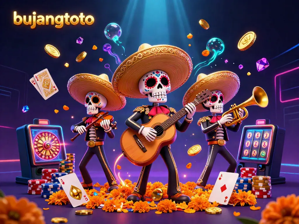 Experience the vibrant action of bujangtoto with a stunning 3D mariachi band and dynamic casino elements.