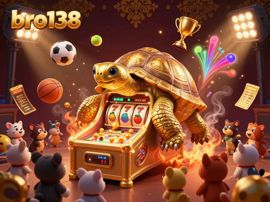 Experience thrilling gameplay at bro138 with a golden tortoise pinball machine surrounded by excited characters playing the ultimate betting game.