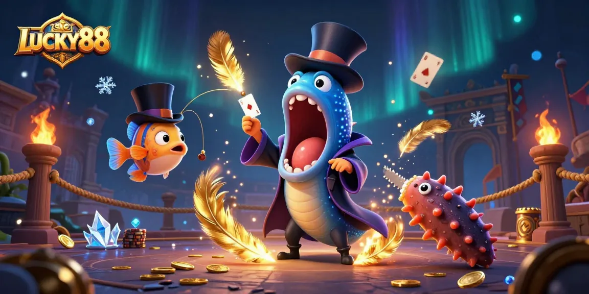 LUCKY88 themed illustration featuring deep-sea creatures performing magic tricks in an immersive casino environment.
