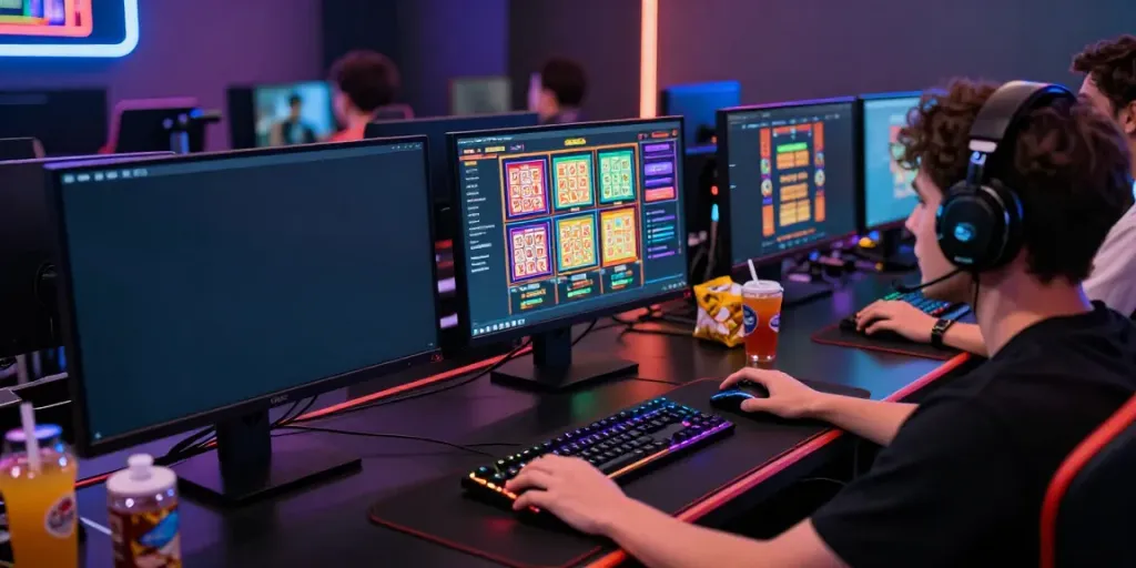 Gamer berinteraksi dengan situs ratutogel dalam pengaturan permainan yang modern.