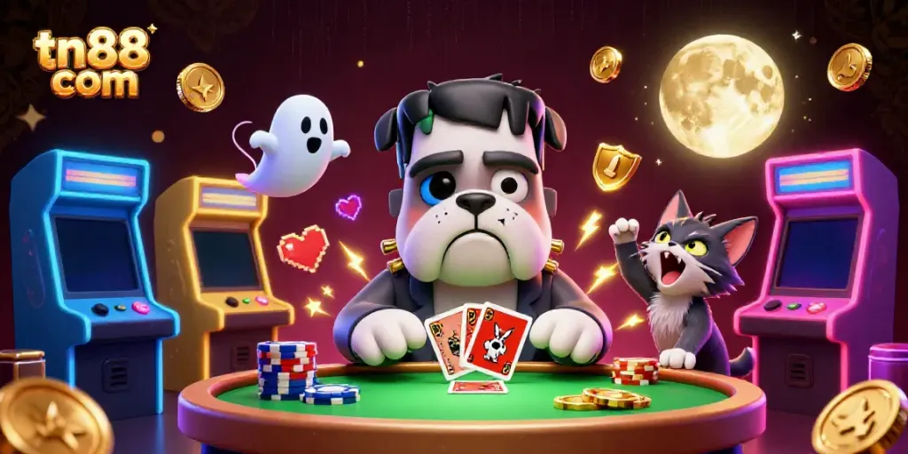 Win big with tn88 com as the Frankenstein bulldog deals cards at a lively casino table.