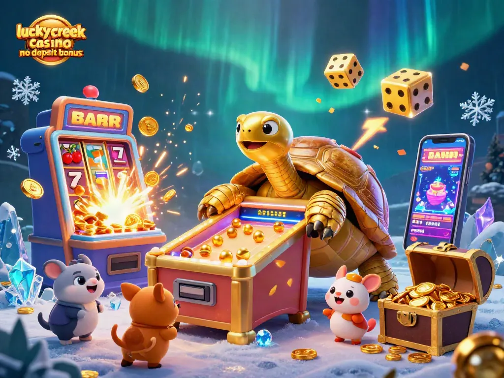 Experience the excitement of lucky creek casino no deposit bonus with vibrant 3D casino elements and characters.