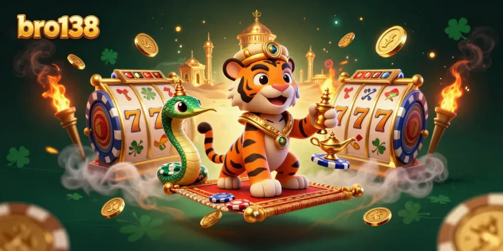 Experience bro138's exciting world of online slots with a cartoon sultan on a poker chip carpet surrounded by riches.