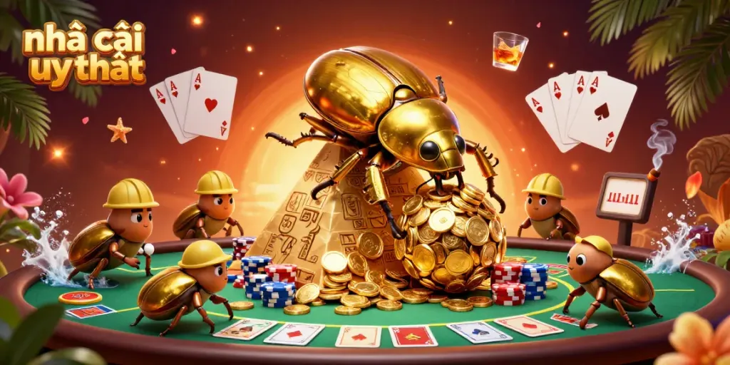 Experience thrill at Nhà cái uy tín with golden beetles rolling coins, poker games, and exotic visuals.