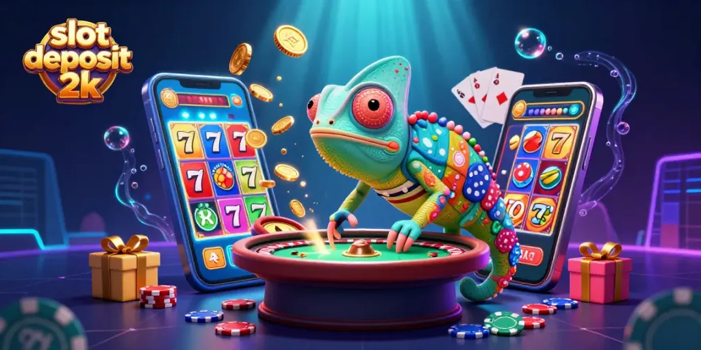 Experience the excitement of slot deposit 2k with a vibrant 3D chameleon casino owner amidst dynamic gaming elements.