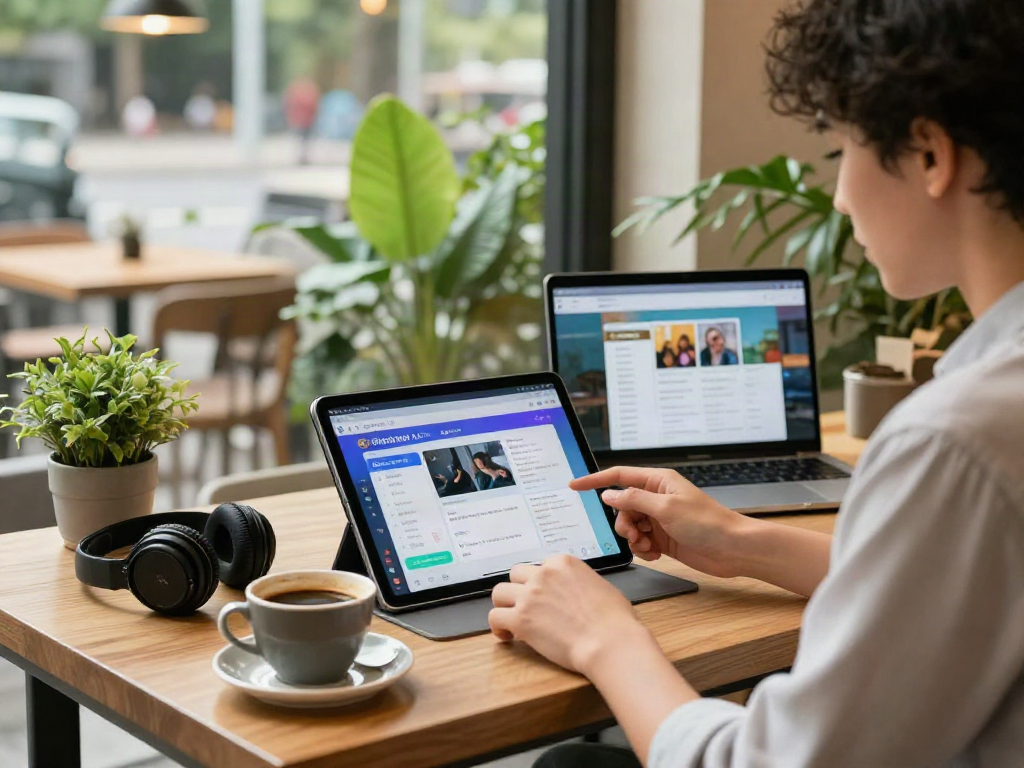 User enjoying Pikashow APK on tablet in cozy cafe setting with coffee and nature