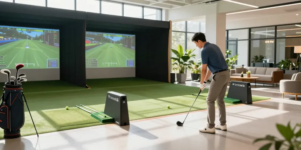 Engaging practice session with a golfer using Budget Golf Launch Monitors in a bright indoor golf setup