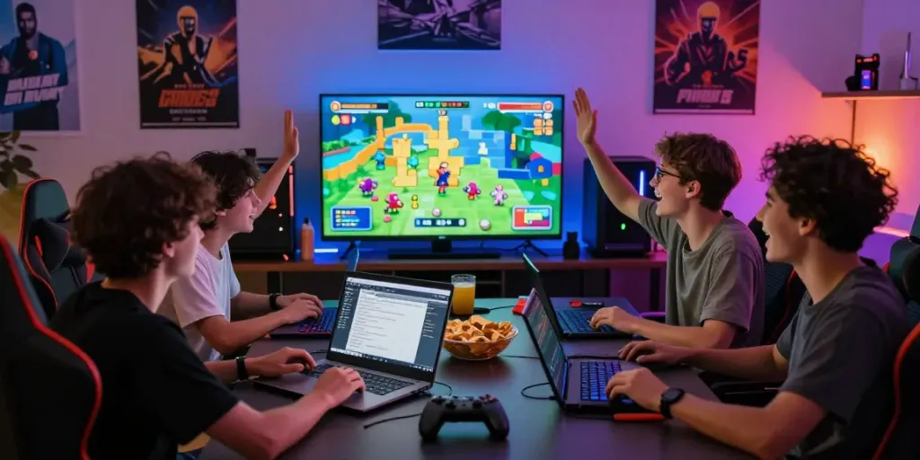 Teman-teman bermain game puzzle di https://raja77gokil.com/ dengan suasana ceria.