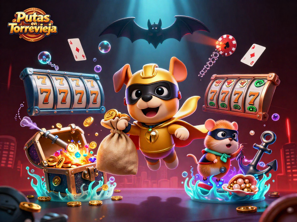 Engaging scene of Putas en Torrevieja featuring a superhero dog soaring with gold coins amidst casino elements, promising a thrilling experience.