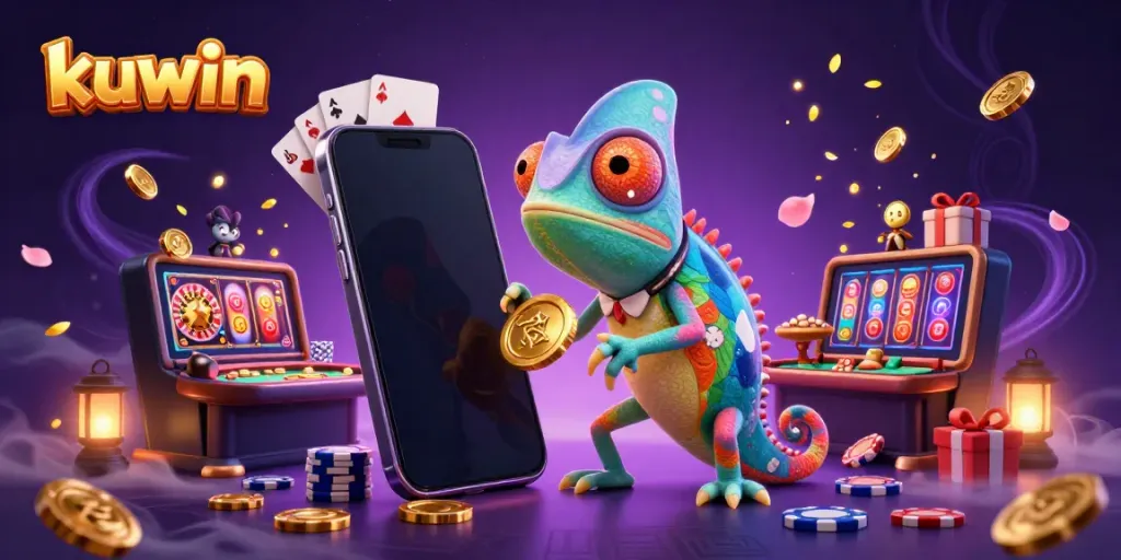 kuwin chameleon casino owner capturing golden coins amid a vibrant gaming scene