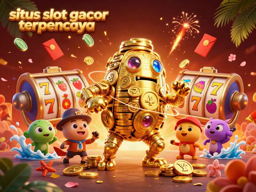 Engage with situs slot gacor terpercaya featuring a dynamic golden golem and vibrant slot elements.